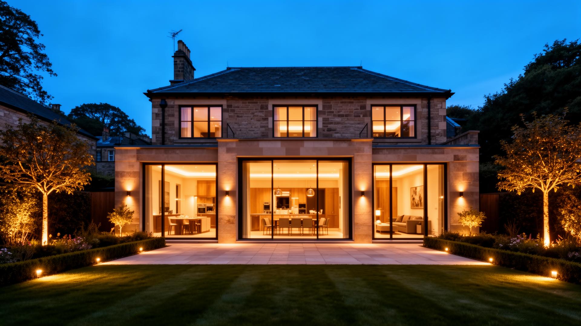 Luxury Harrogate home at dusk with stunning interior and landscape lighting
